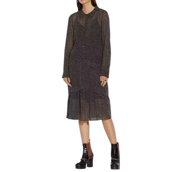 Coach Polka Dot Georgette Sheer Pleated Tiered Midi Black Dress‎ Size 10 NEW - Picture 1 of 16